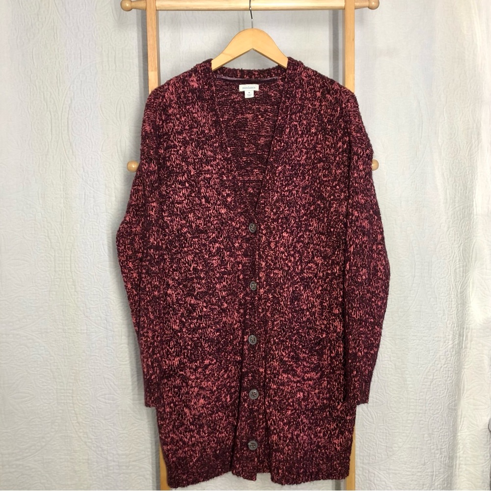 Excellent Cozy Sundance Long V-Neck Marled Pink & Maroon Cardigan, Size Medium